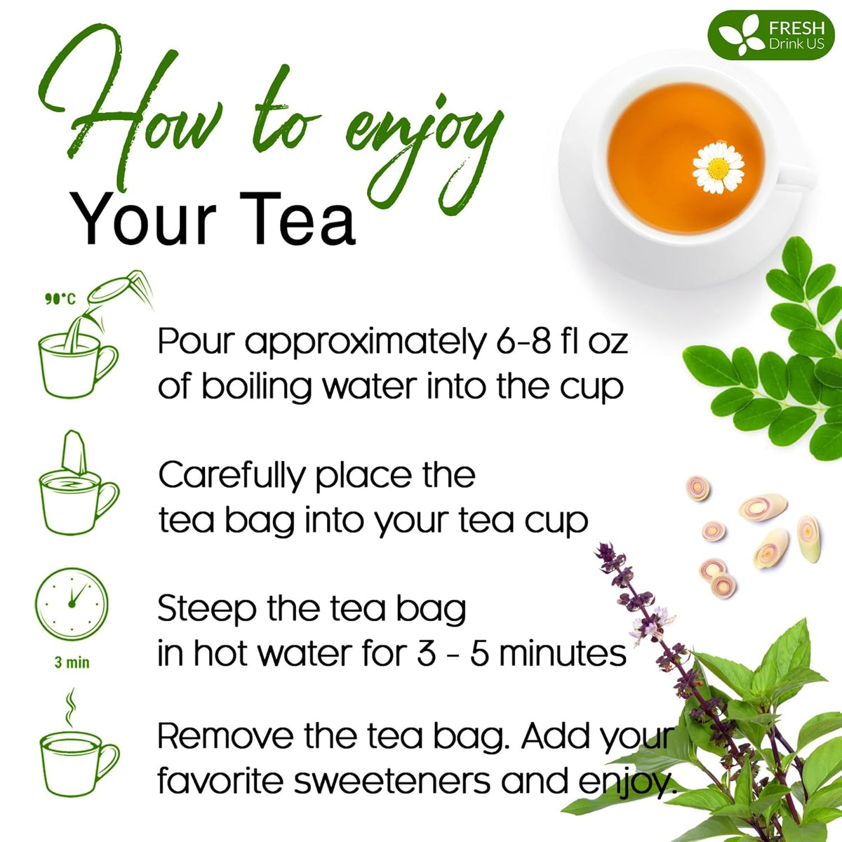 Premium Tulsi Moringa Lemongrass  Tea Bags, 100% Natural & Pure from Tulsi Holy Basil Leaves, Moringa & Lemongrass. Herbal Tea