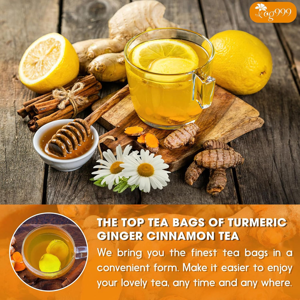 Premium Turmeric, Ginger, Cinnamon & Chamomile Flowers Tea | Improve Digestion, Support Brain, Weight, Skin and Sleep, Eco-Conscious Tea Bags Herbal Tea