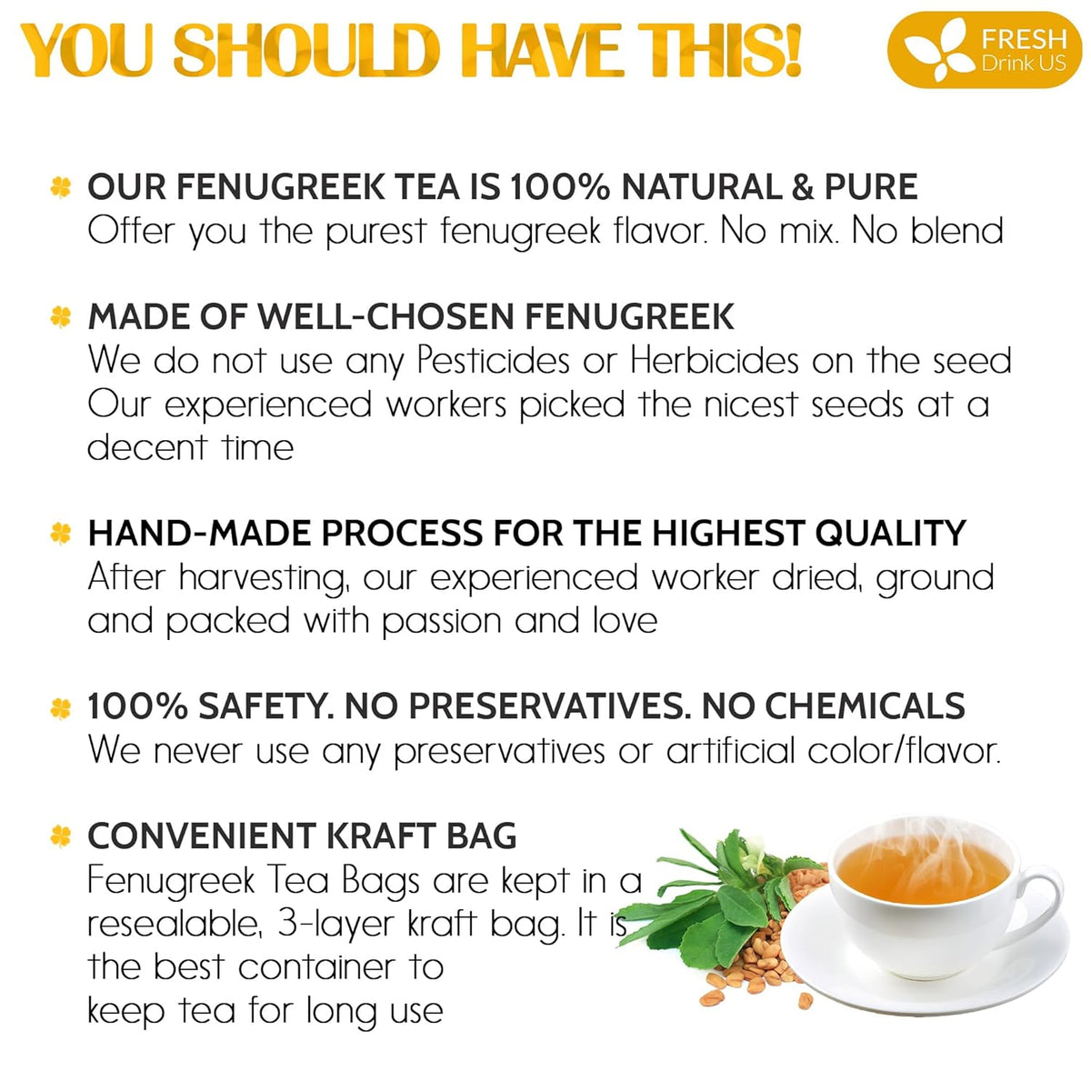 Premium Fenugreek Tea Bags. No Sugar, No Caffeine, No Gluten, Vegan. (30 Tea Bags) Herbal Tea