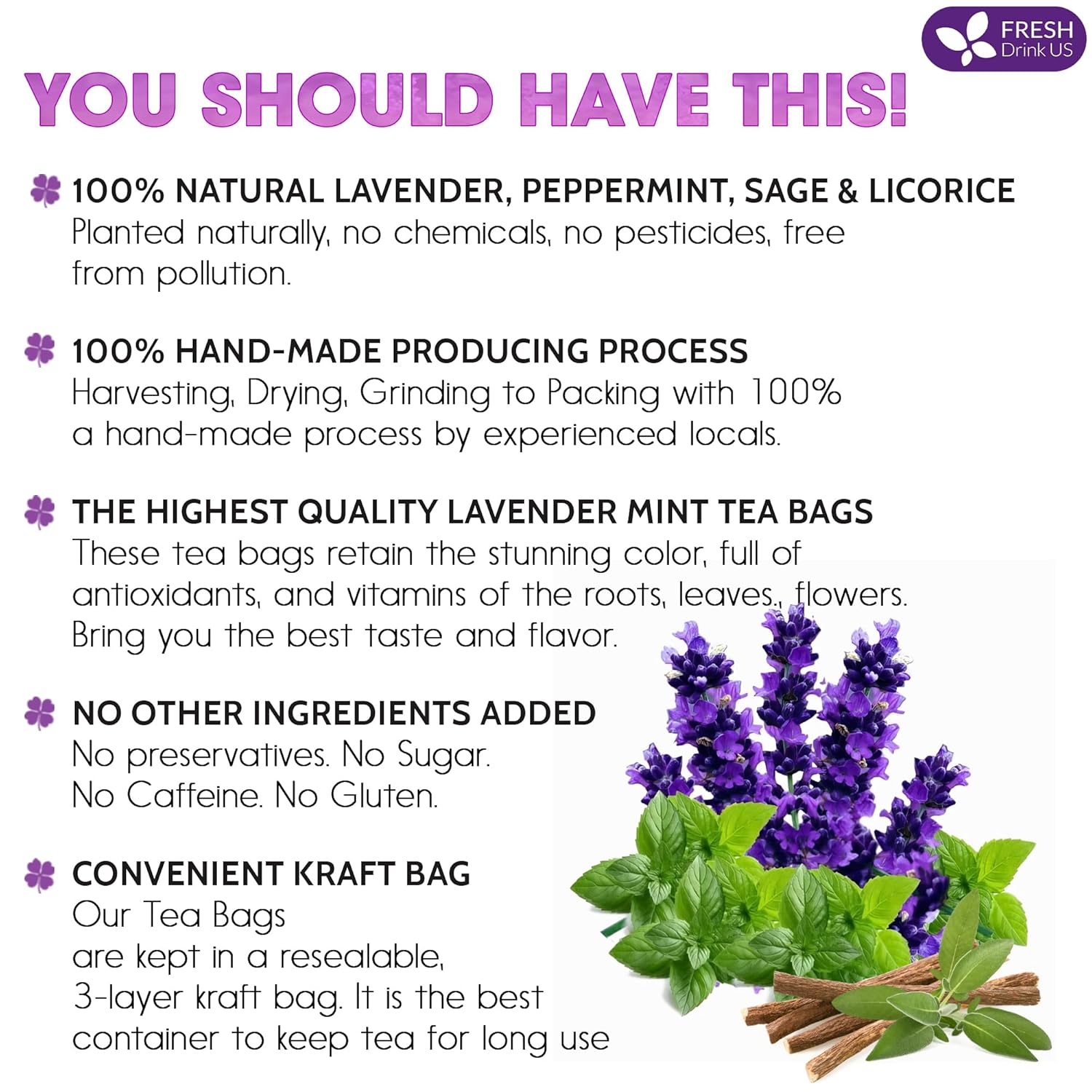 Premium Lavender Mint Tea Bags. 100% Natural, Blend of Lavender, Peppermint, Sage and Licorice. Herbal Tea