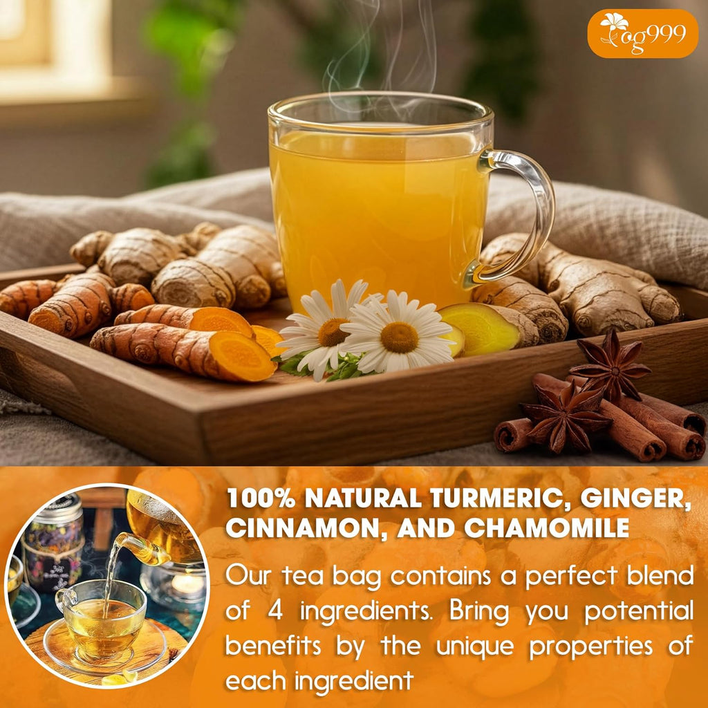 Premium Turmeric, Ginger, Cinnamon & Chamomile Flowers Tea | Improve Digestion, Support Brain, Weight, Skin and Sleep, Eco-Conscious Tea Bags Herbal Tea