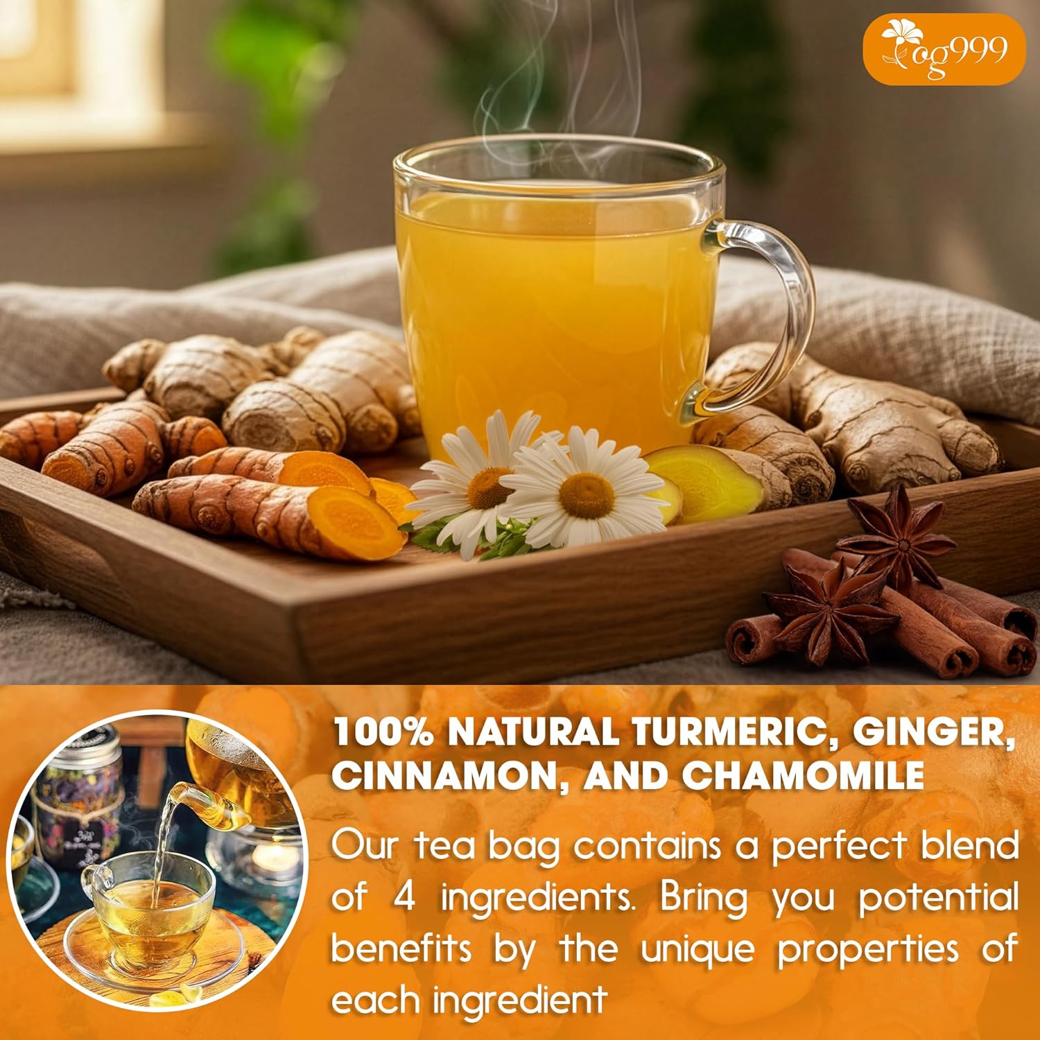Premium Turmeric, Ginger, Cinnamon & Chamomile Flowers Tea | Improve Digestion, Support Brain, Weight, Skin and Sleep, Eco-Conscious Tea Bags Herbal Tea