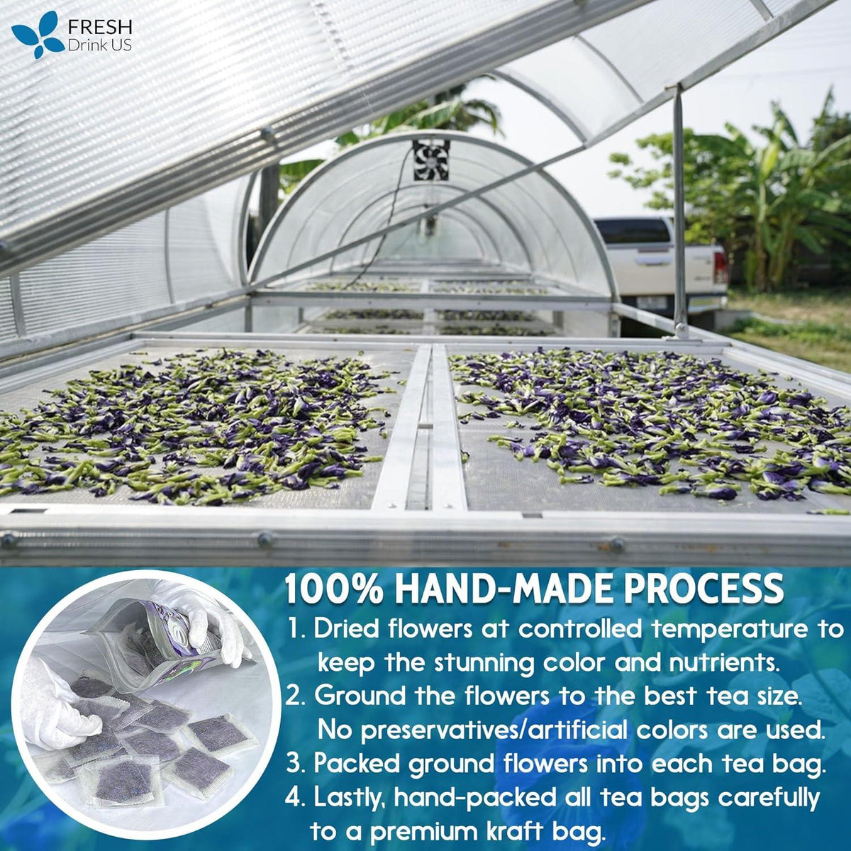 Premium Butterfly Pea Flowers, Tea Bags, 100% Natural and Pure from Butterfly Pea Flowers, Hand-made, Made With Natural Materials-Corn Fiber Tea Bag, Sugar/Caffeine/Gluten Free Herbal Tea