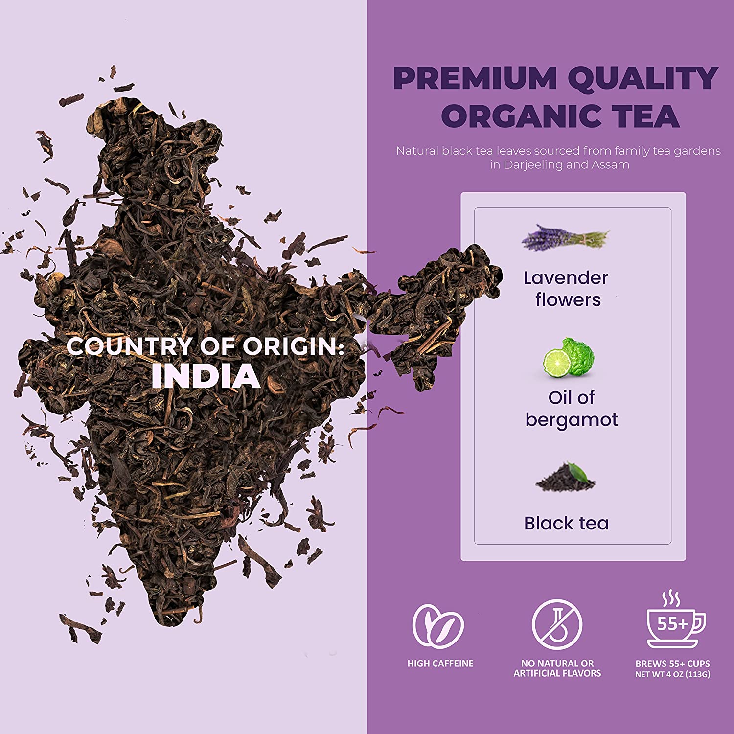 Gardenika Earl Grey Lavender Loose Tea, Premium Black Tea with Lavender Flowers & Bergamot - Caffeinated - 55+ Cups - USDA Organic & Kosher - 4 oz (113g)