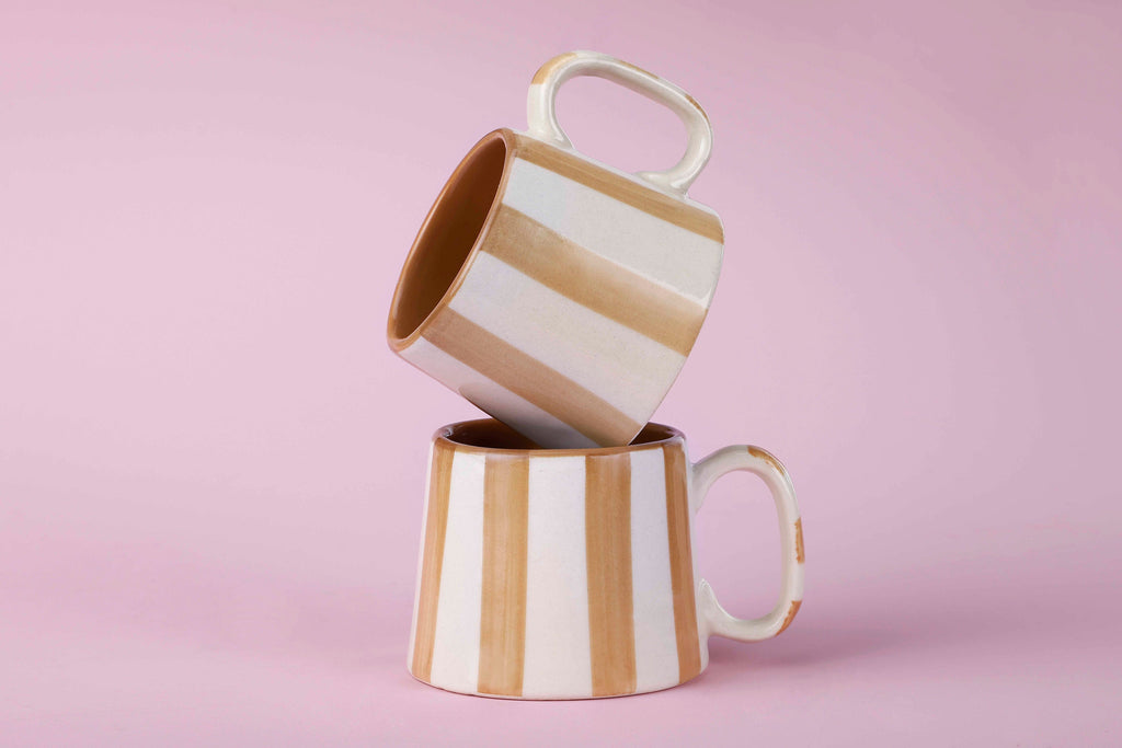 Casa Amarosa Ceramic Brown Stripe Cup - 3.5 x 2.5 Inches ( Set of 2 )