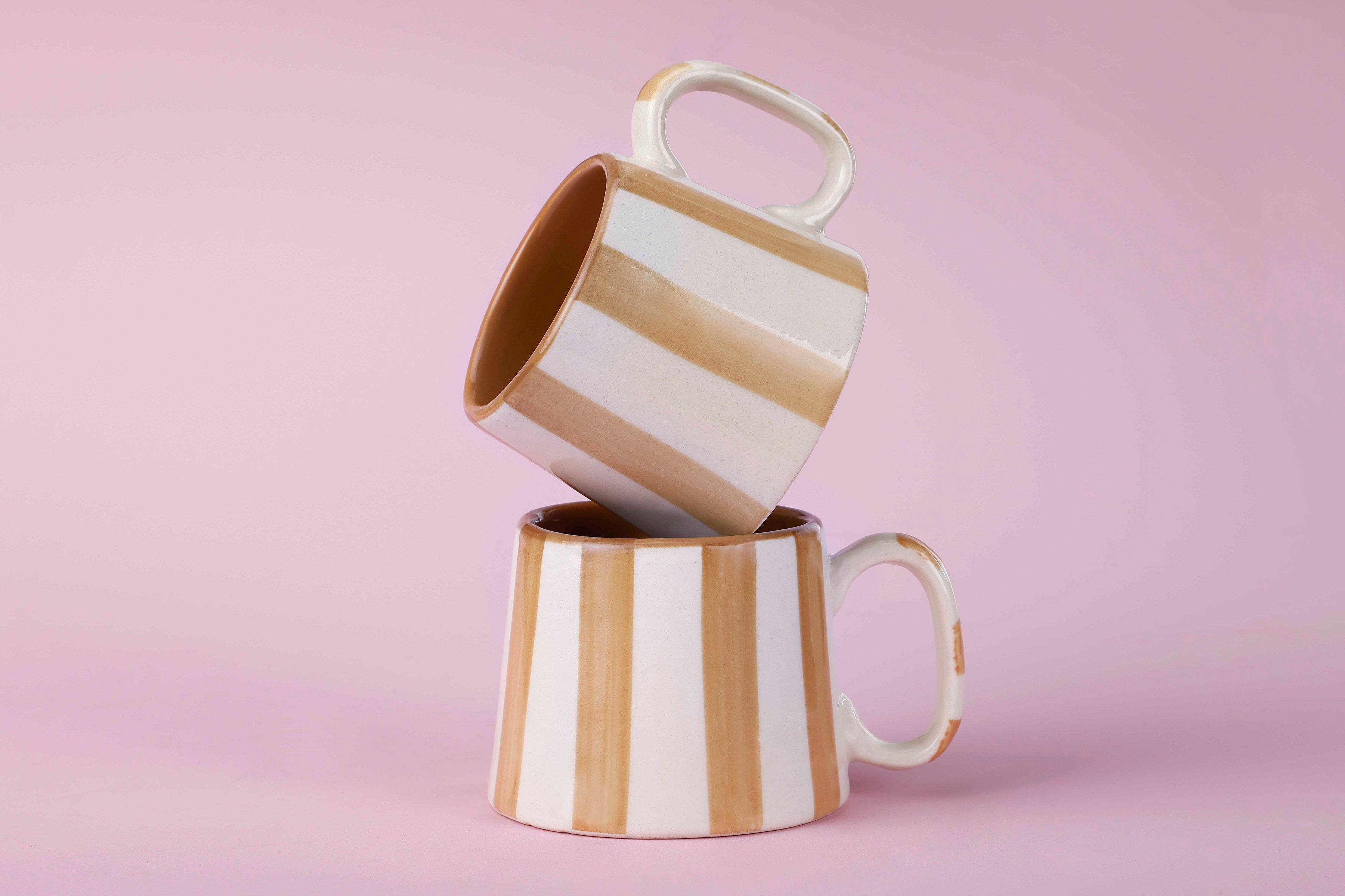 Casa Amarosa Ceramic Brown Stripe Cup - 3.5 x 2.5 Inches ( Set of 2 )