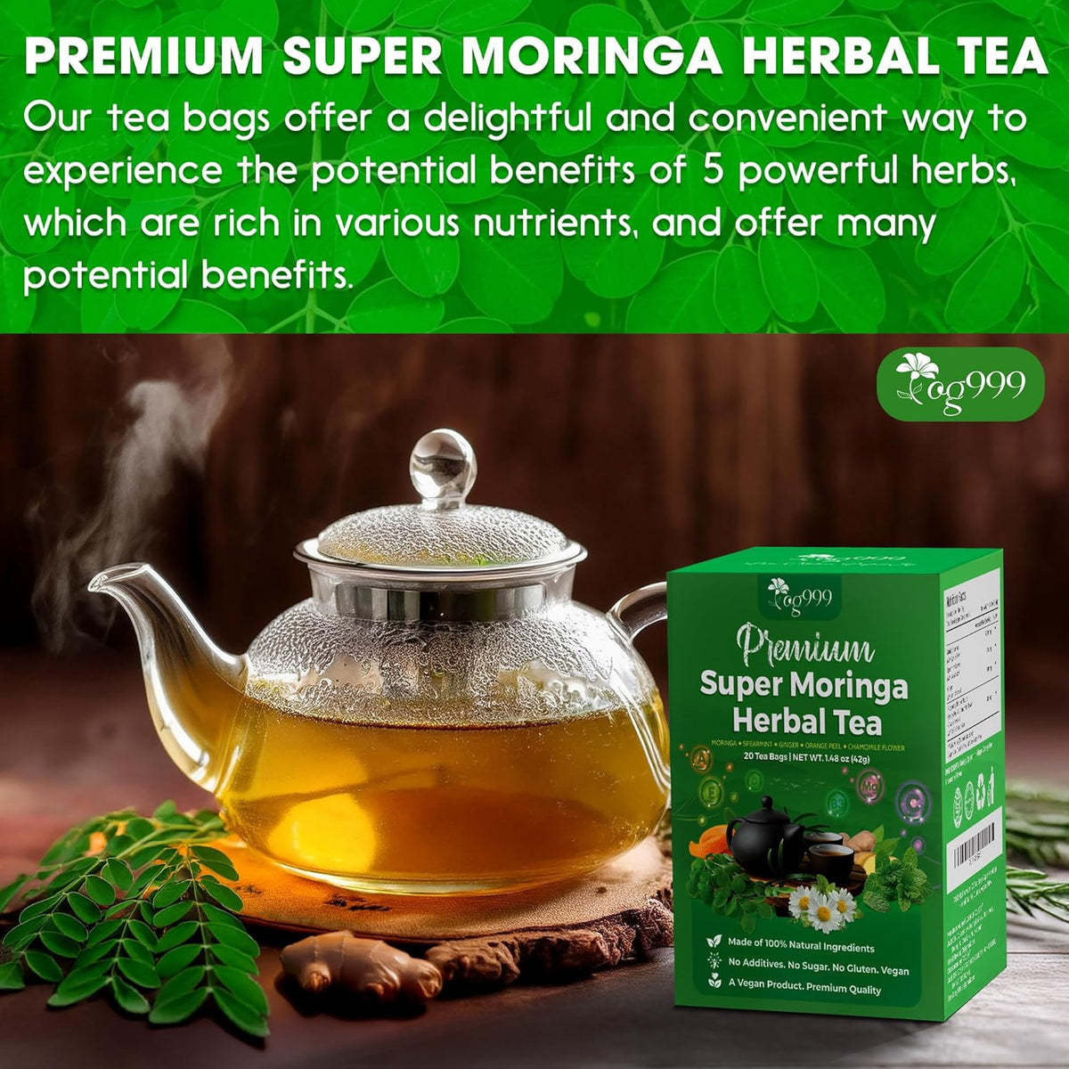 FreshDrinkUS - Natural and Premium Herbal Super Moringa Herbal Tea, Improve Digestion, Support Brain, Weight, Skin and Sleep, Eco-Conscious Tea Bags