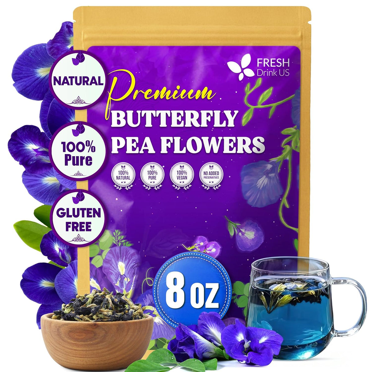 Premium Butterfly Pea Flowers, Tea Bags, 100% Natural and Pure from Butterfly Pea Flowers, Hand-made, Made With Natural Materials-Corn Fiber Tea Bag, Sugar/Caffeine/Gluten Free Herbal Tea