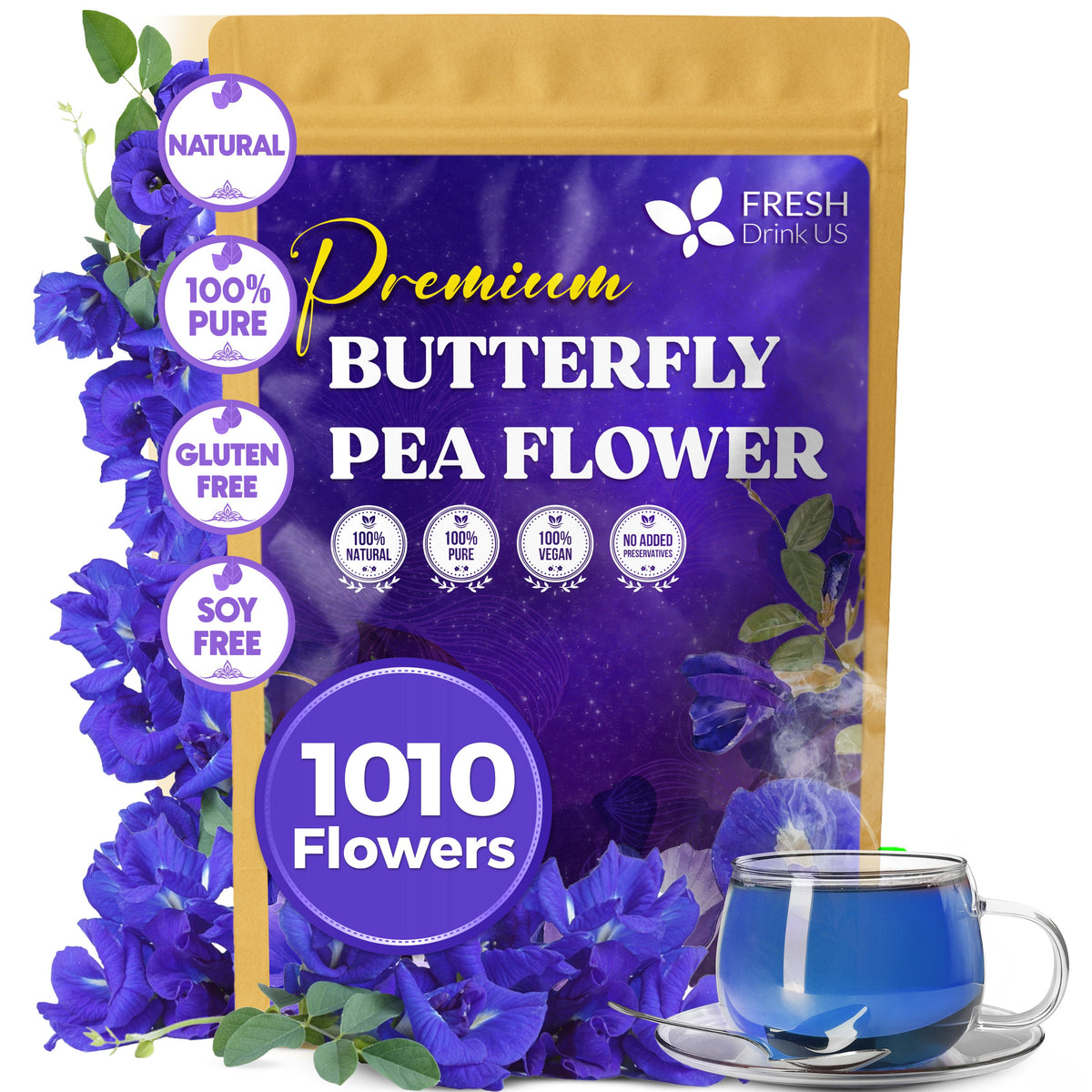 Premium Butterfly Pea Flowers, Tea Bags, 100% Natural and Pure from Butterfly Pea Flowers, Hand-made, Made With Natural Materials-Corn Fiber Tea Bag, Sugar/Caffeine/Gluten Free Herbal Tea