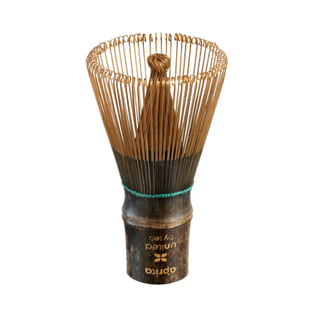 Aprika Life Dark Bamboo Matcha Whisk (100 Prongs), eco-friendly tool for preparing rich koicha and delicate usucha teas.