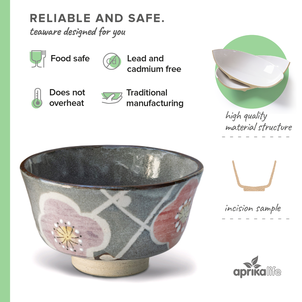 Aprika Life Gray with Flowers Ceramic Matcha Bowl