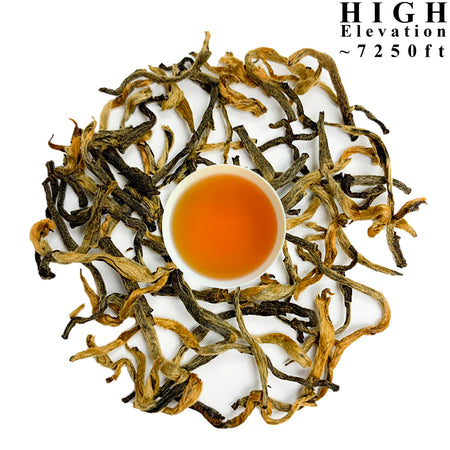 Danfe Signature Golden Tips Tea, loose leaf black tea with golden tips, shown brewed with tea leaves and liquor.