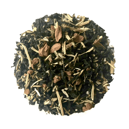 Beach House Astoria Explorer tea blend, featuring organic black tea leaves, cinnamon, thyme, sage, rosemary, and licorice root.