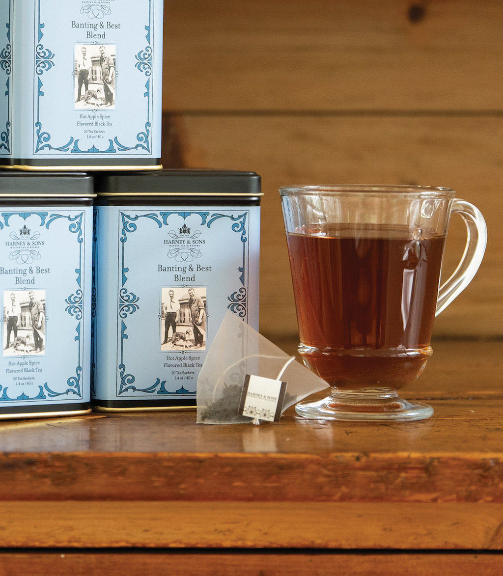 Harney & Sons Banting & Best Blend, Tin of 20 Sachets, featuring a decorative tin with tea sachets displayed.