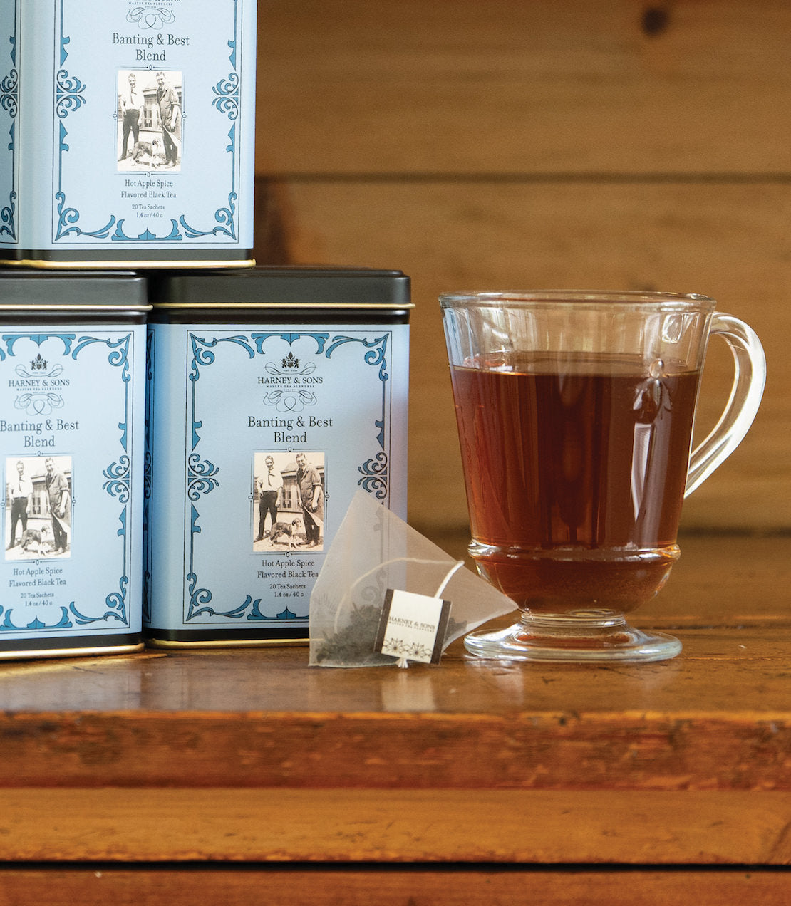 Harney & Sons Banting & Best Blend, Tin of 20 Sachets, featuring a decorative tin with tea sachets displayed.