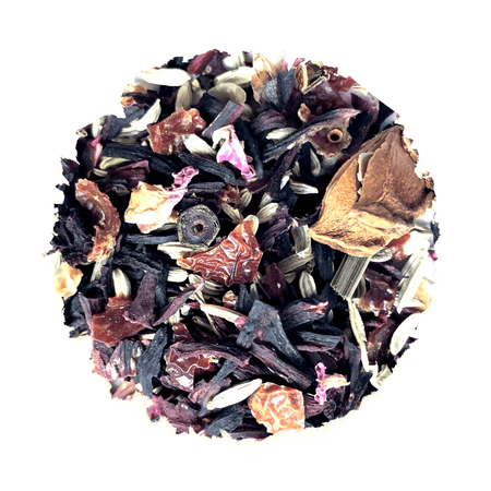 Beach House Beachcomber Herbal Loose Leaf Tea in a loose form with hibiscus, fennel, and rose petals visible in the image.