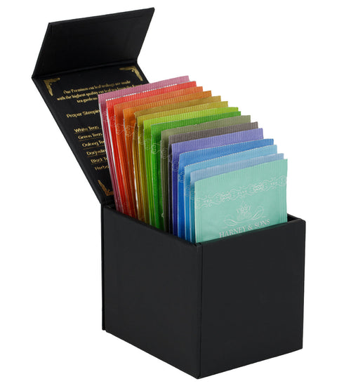 Harney & Sons Harney Heritage – Teabag Sampler Black Box, featuring 15 assorted premium teabags in an open black box.