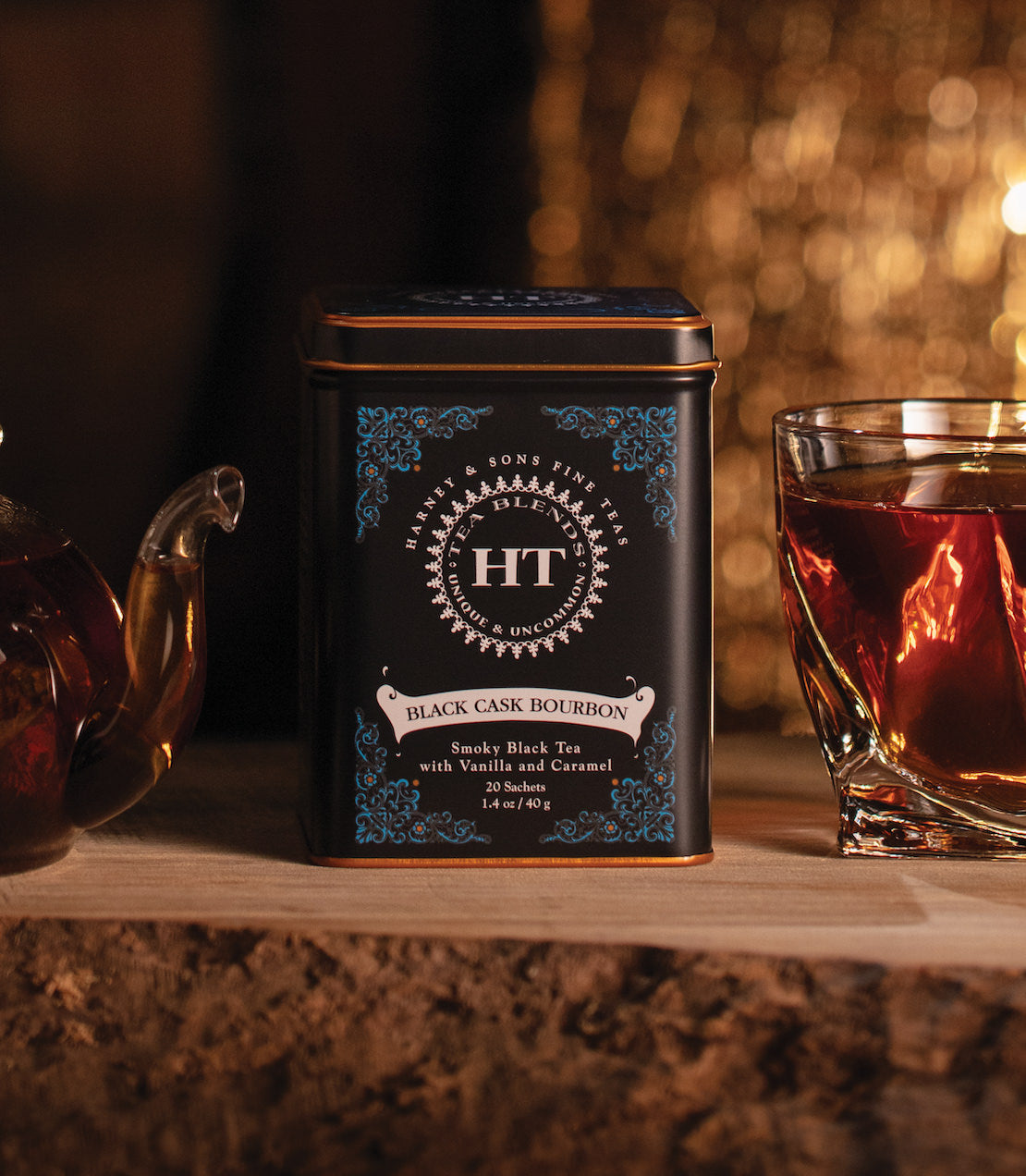 Harney & Sons Black Cask Bourbon, HT Tin of 20 Sachets displayed in a mood setting, showcasing the product packaging and design.