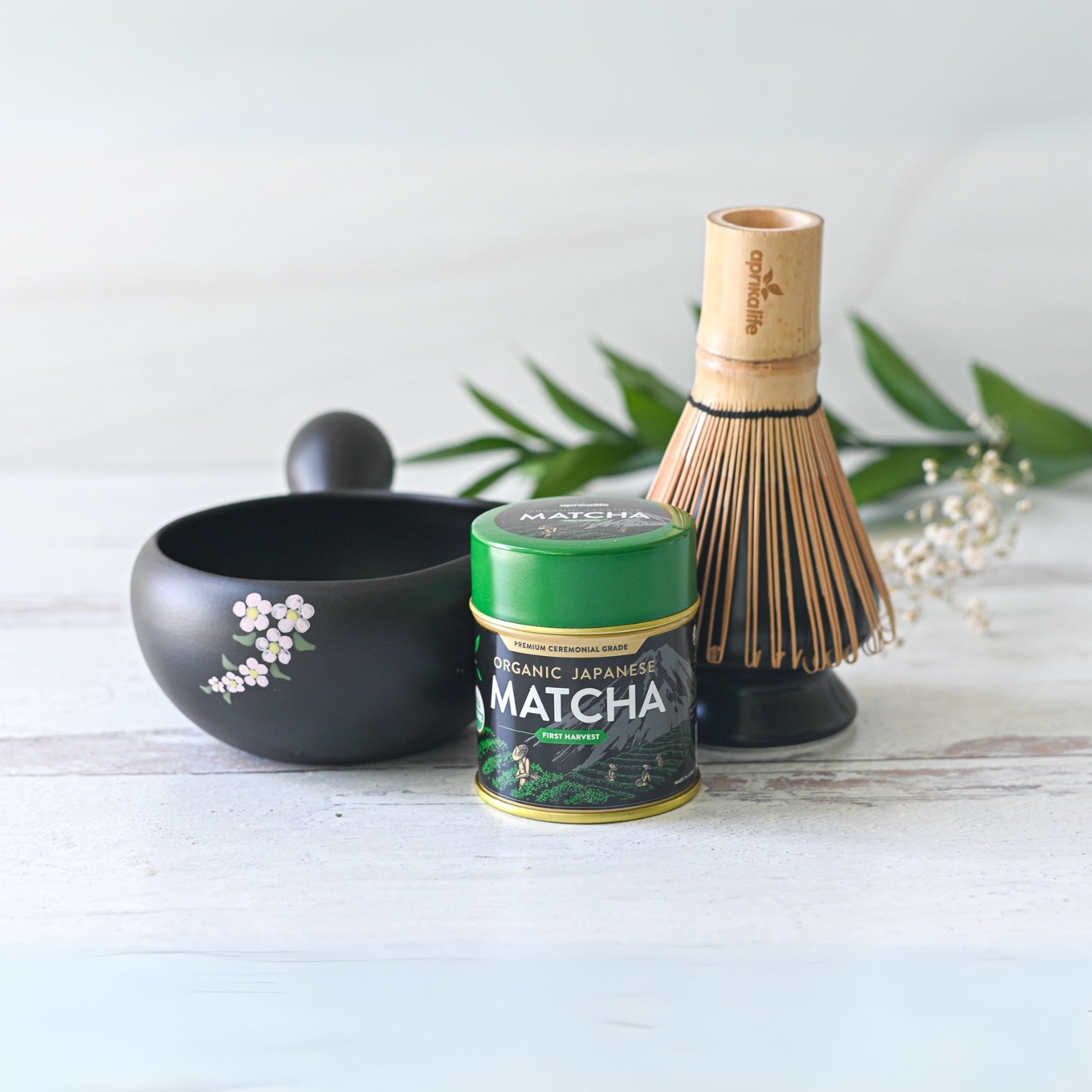 Aprika Life Black Flowers Ceramic Matcha Bowl with Spout
