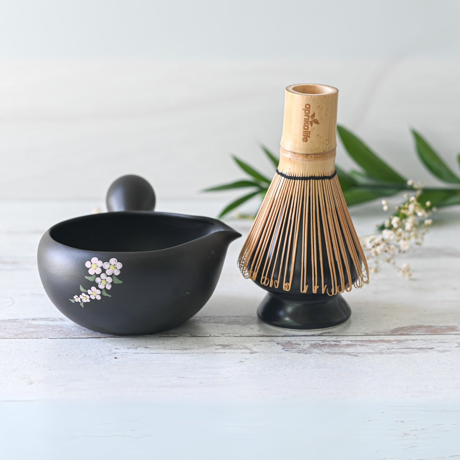 Aprika Life Black Flowers Ceramic Matcha Bowl with Spout