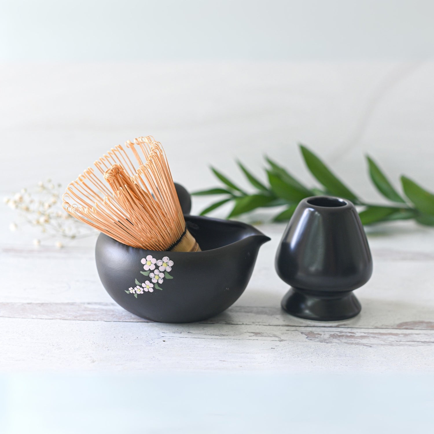 Aprika Life Black Flowers Ceramic Matcha Bowl with Spout