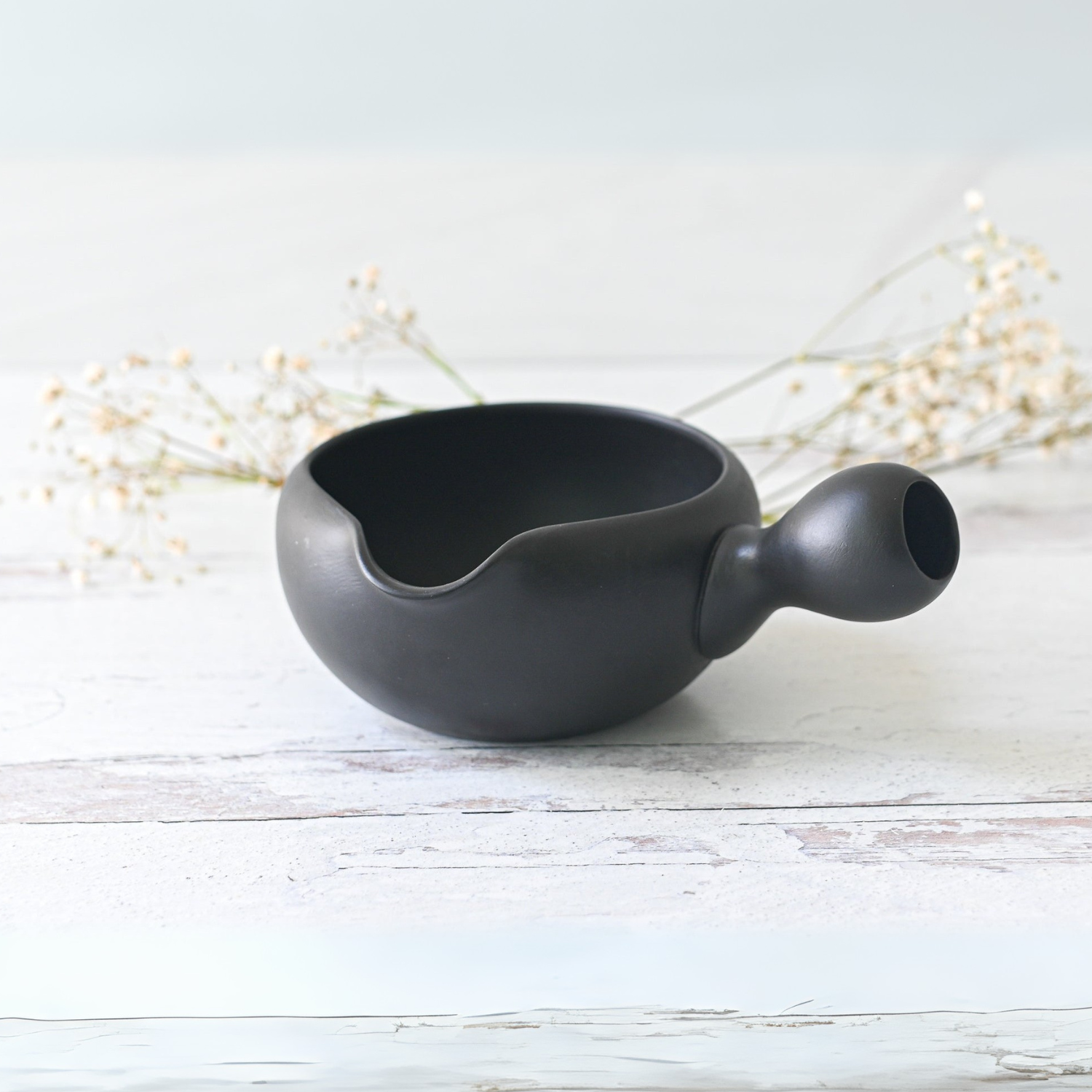 Aprika Life Black Flowers Ceramic Matcha Bowl with Spout