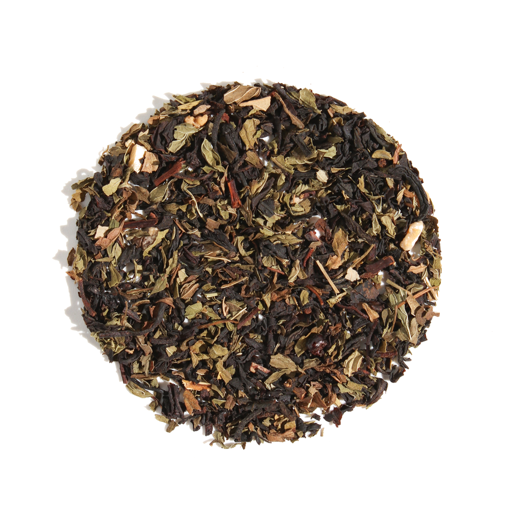 Plum Deluxe Blackberry Mojito Black Tea (Lime - Maple - Spearmint) in a circular package, showcasing ingredients and tea blend.