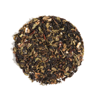 Plum Deluxe Blackberry Mojito Black Tea (Lime - Maple - Spearmint) in a circular package, showcasing ingredients and tea blend.