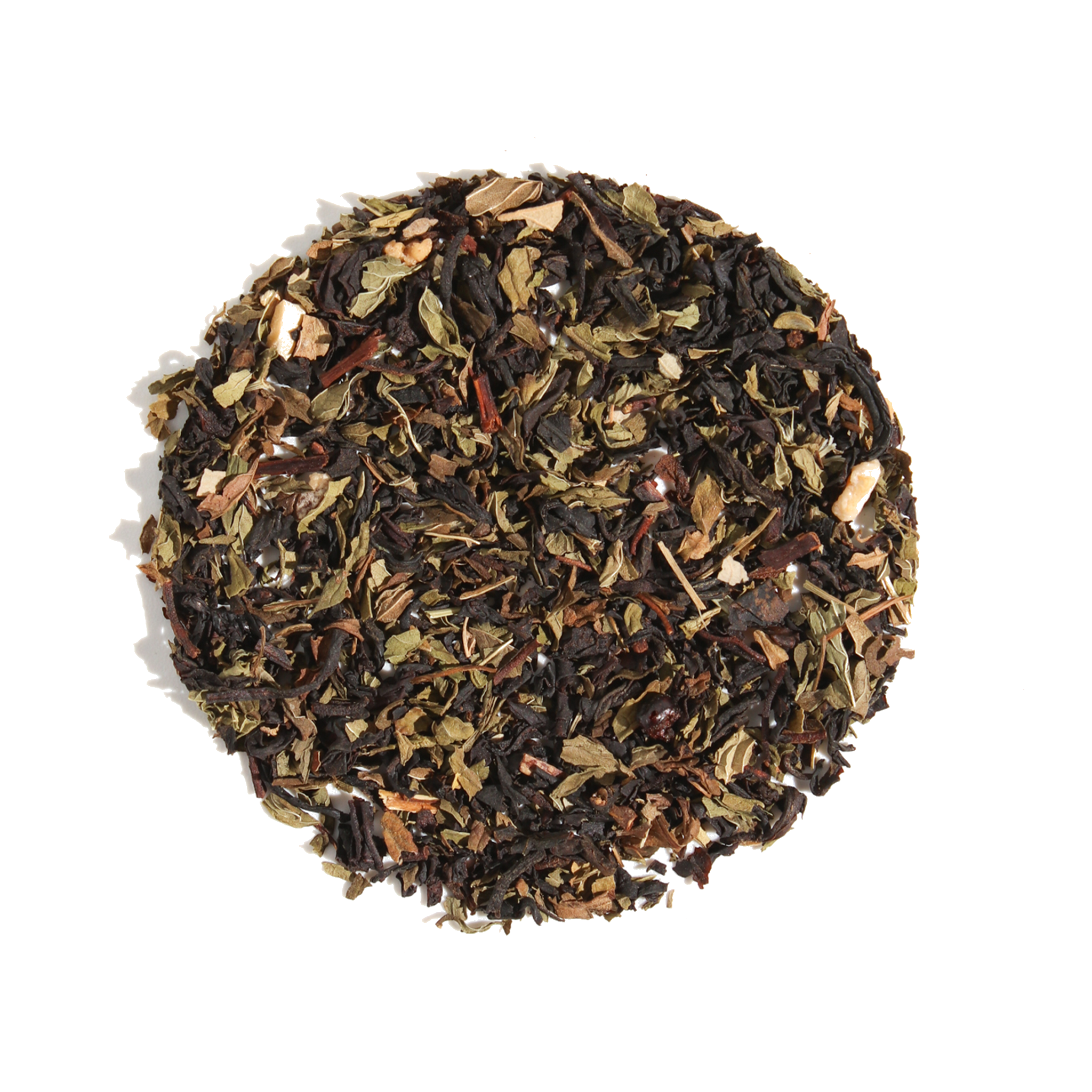 Plum Deluxe Blackberry Mojito Black Tea (Lime - Maple - Spearmint) in a circular package, showcasing ingredients and tea blend.