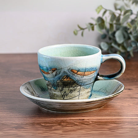 Aprika Life Blue Ceramic Tea Cup with Saucer - Traditional Japanese Tea Cup - Premium Quality Ceramic Mugs, featuring a handcrafted design.