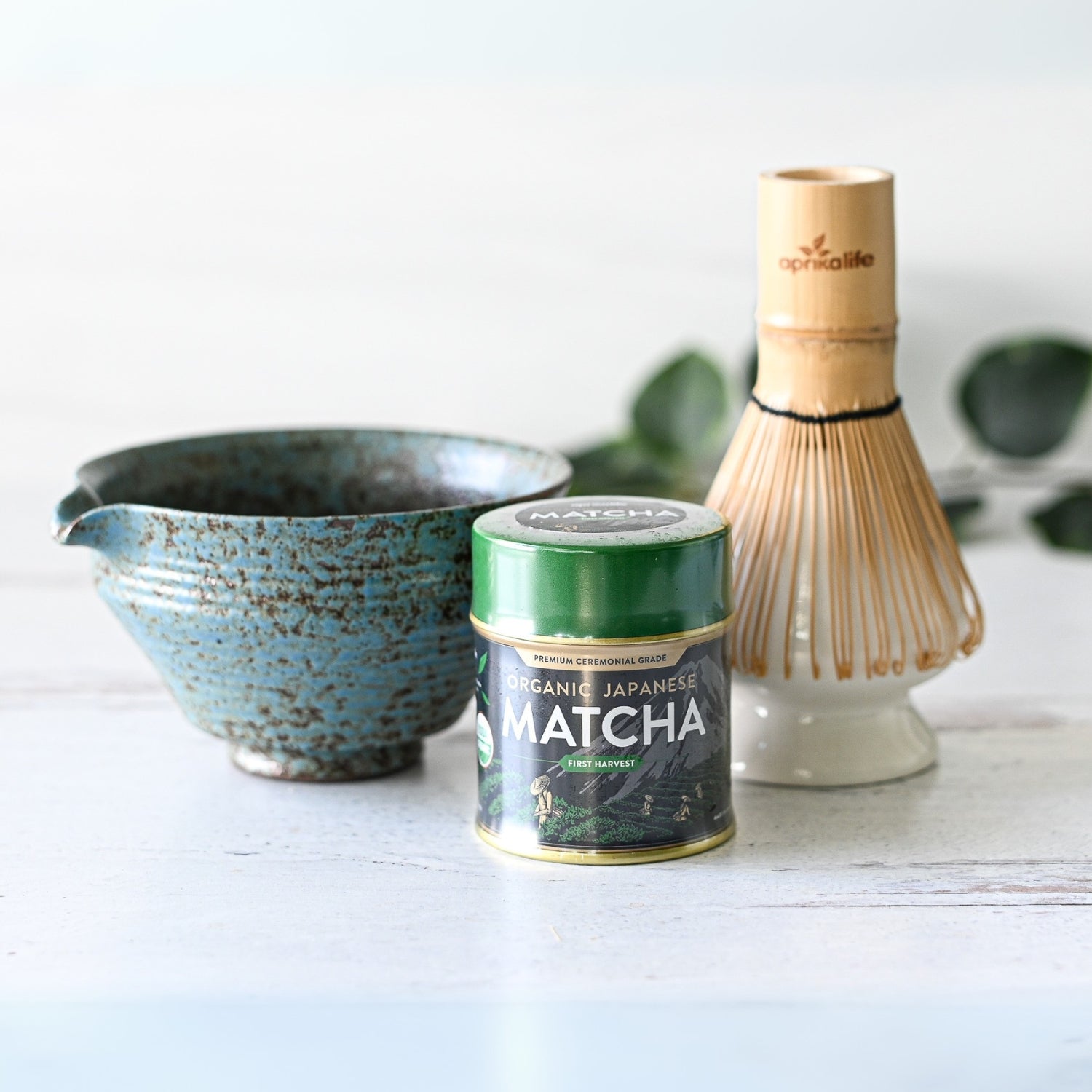 Aprika Life Blue Textured Ceramic Matcha Bowl with Spout