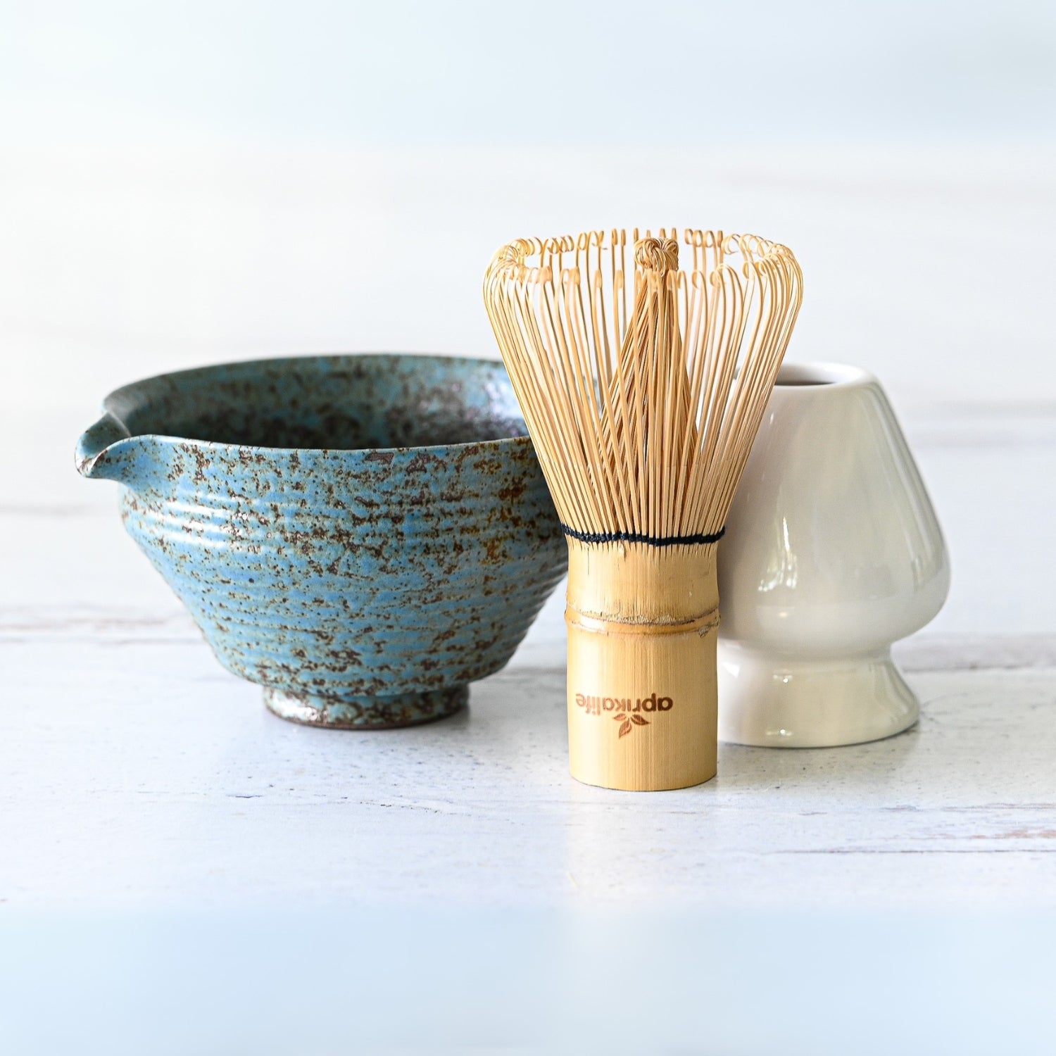 Aprika Life Blue Textured Ceramic Matcha Bowl with Spout