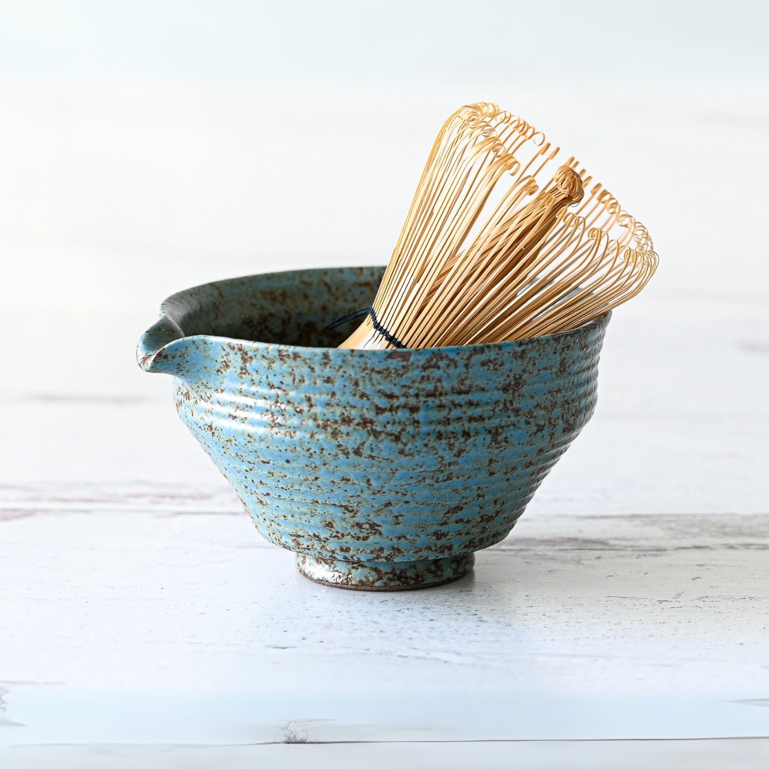 Aprika Life Blue Textured Ceramic Matcha Bowl with Spout