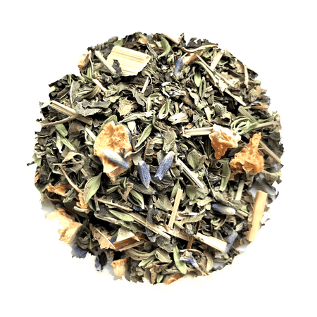 Beach House Boardwalk Zinger Iced Blend, organic herbal iced tea with lemon and herbs, in a packaging display.