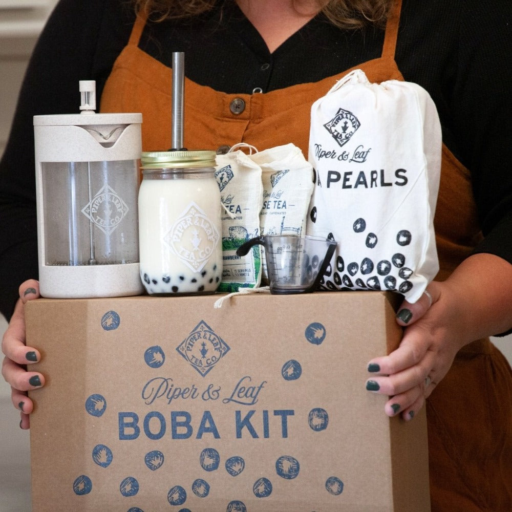 Boba Tea Kit by Piper and Leaf Tea Co., featuring bubble tea ingredients, Piper Press, and accessories for brewing at home.