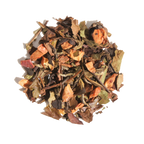 Plum Deluxe Bookshop Blend White Tea (Cinnamon / Black Currant) in a circular package, showcasing the tea's ingredients.