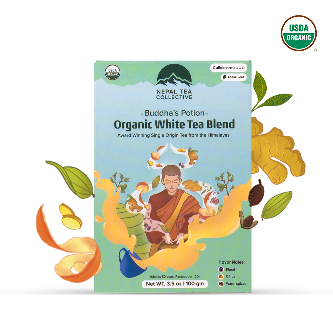 Buddha's Potion by Nepal Tea, a specialty white tea blend in a 100-gram package with floral and citrus notes.