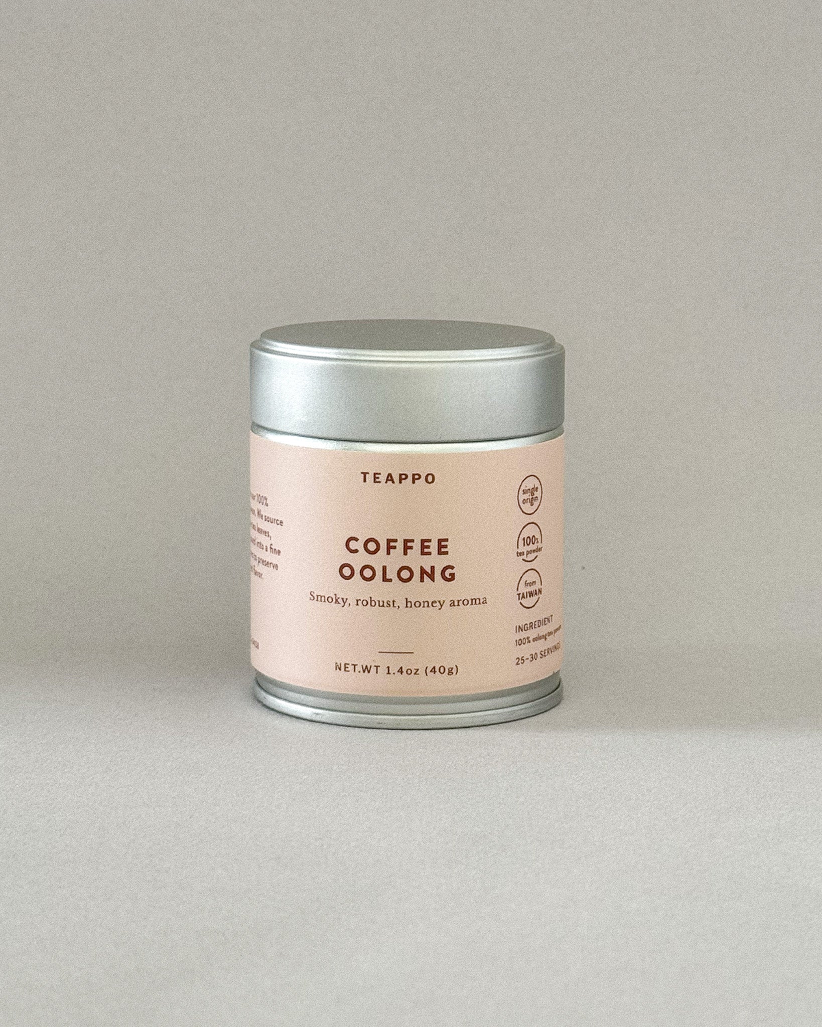 Teappo Coffee Oolong Powder in a 1.4 oz tea tin, showcasing smoky, robust flavor with honey aroma