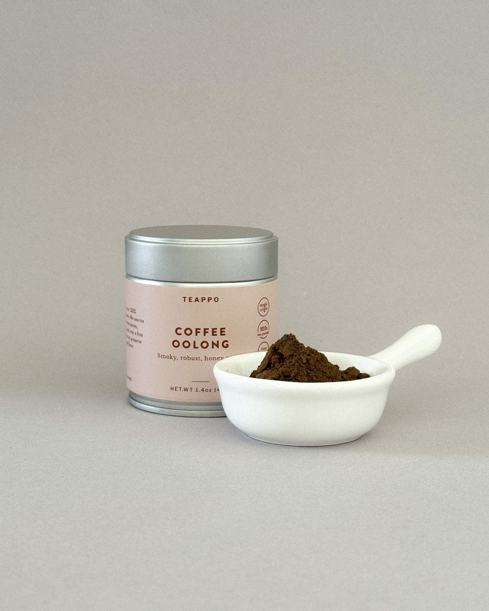 Teappo Coffee Oolong Powder in a packaging display, showcasing the product's design and branding by Teappo.