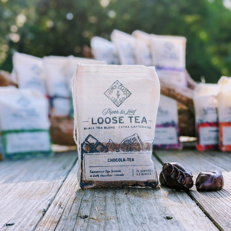 Piper and Leaf Chocola-Tea Muslin Bag of Loose Leaf Tea - 15 Servings, featuring hand-printed muslin packaging and 35 grams of tea.