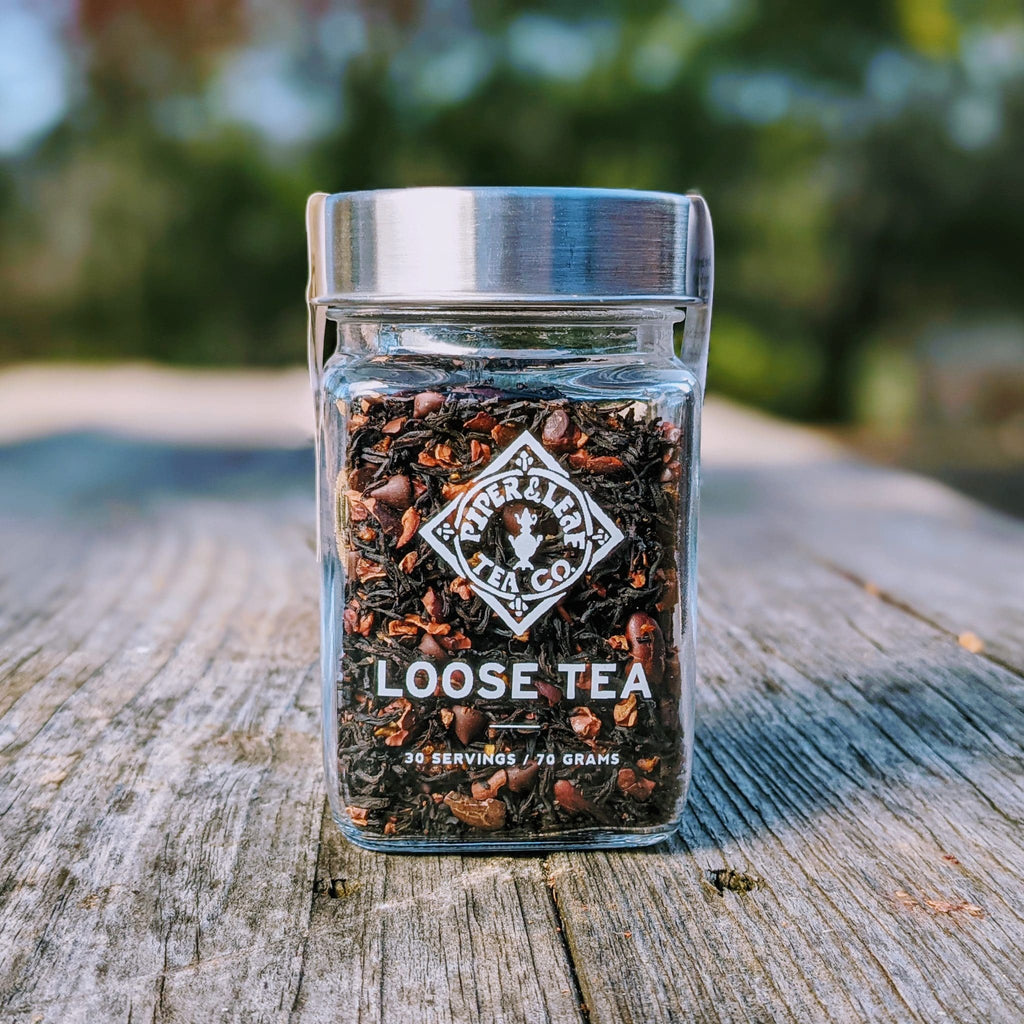 Piper and Leaf Chocola-Tea Glass Jar of Loose Leaf Tea - 30 Servings, featuring a glass jar filled with dark tea blend ingredients.