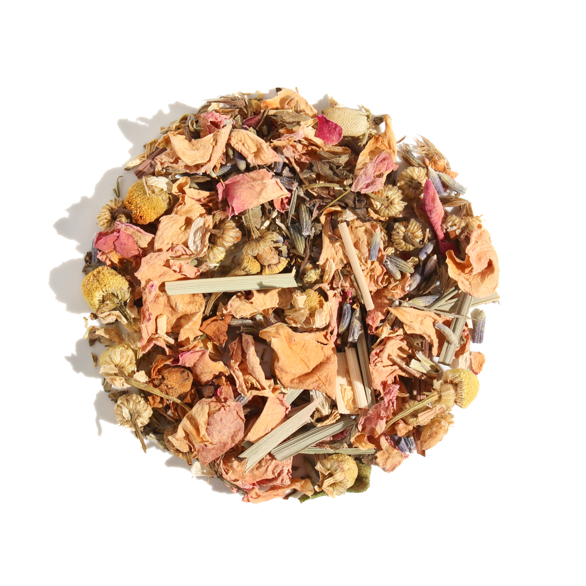 Plum Deluxe Calm Chamomile Bloom Herbal Tea (Rose - Lavender) in a circular package, featuring chamomile, rose, and lavender ingredients.