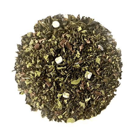 Beach House Campfire S'Mores tea blend in a cup, featuring organic ingredients with flavors of toasted marshmallows and chocolate.
