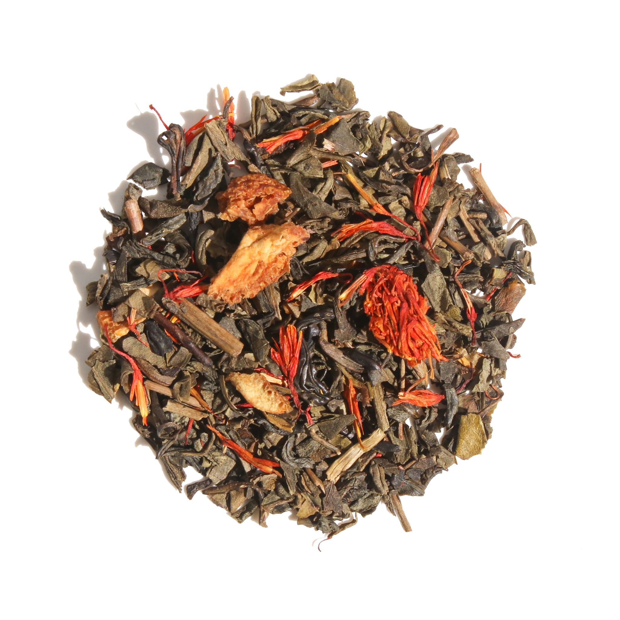 Plum Deluxe Candied Orange Green Tea in a circular tin, featuring a blend of green tea and candied orange notes.