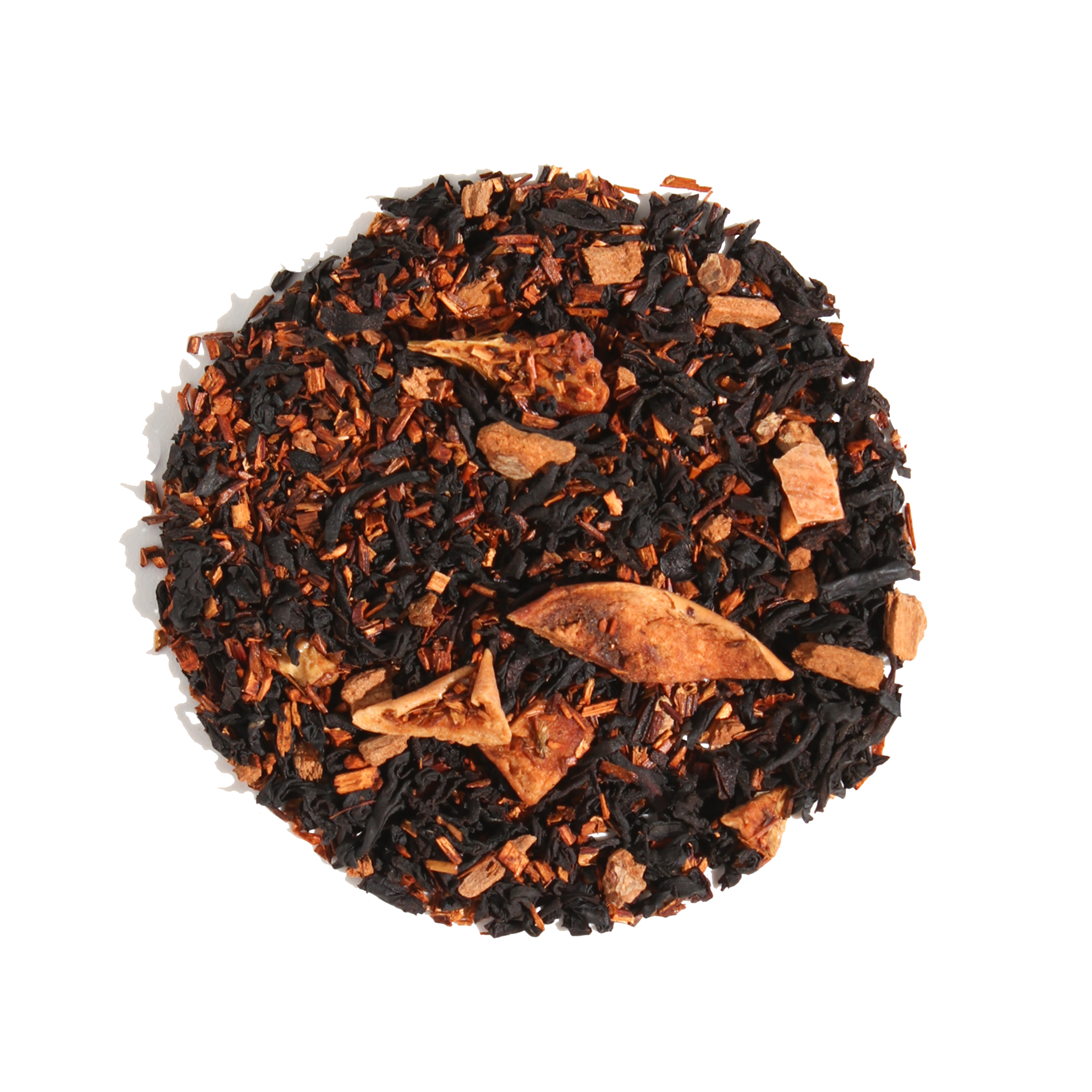Plum Deluxe Caramel Almond Black Tea in a circular packaging, showcasing its blend of black tea, apple, cinnamon, and almond.
