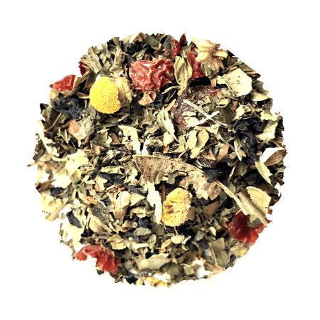 Beach House Cascade Meadows, a blend of organic black tea with peppermint, chamomile, and other herbs, shown in loose leaf form.