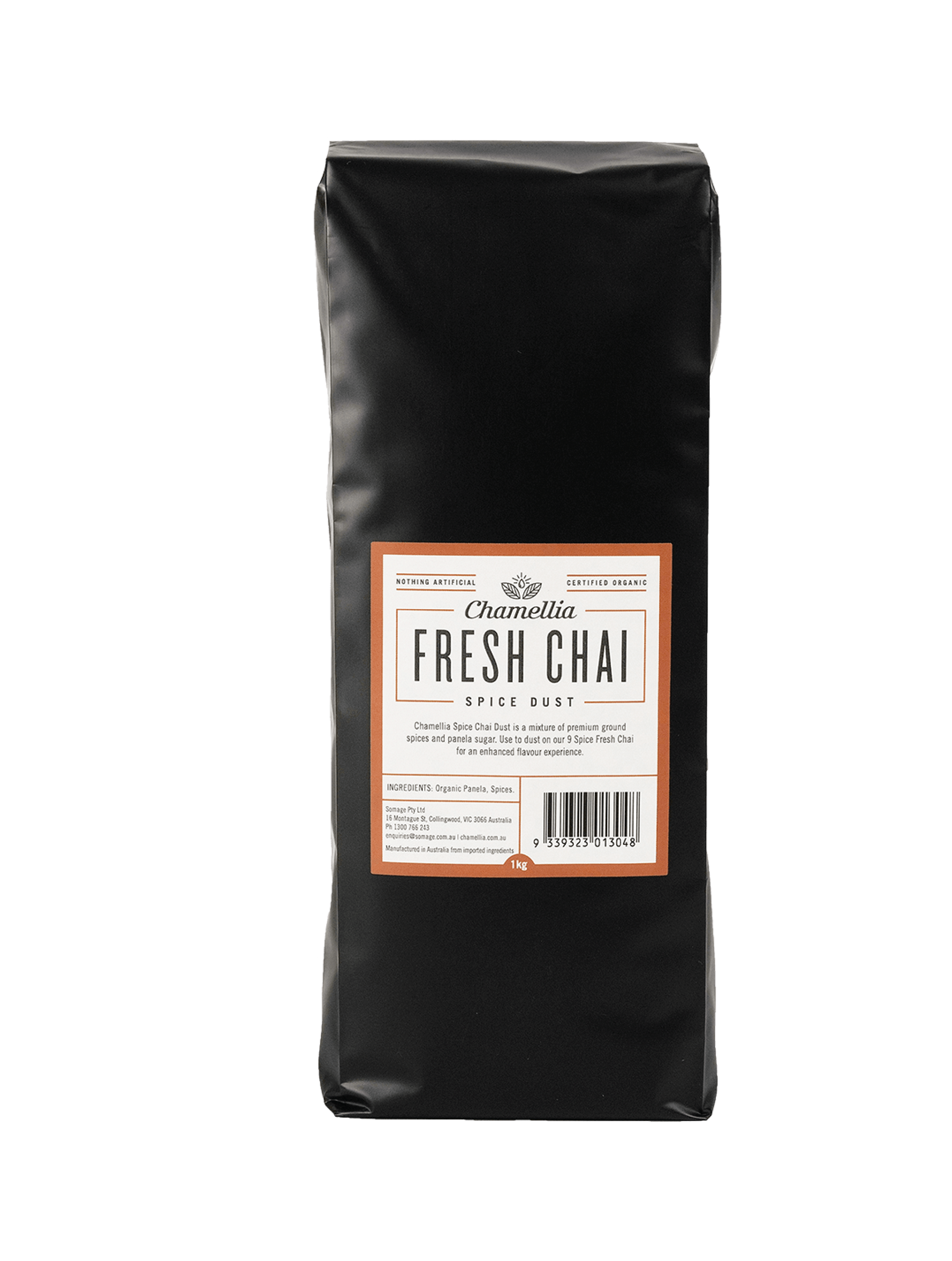 Chai Spice Dust by Somage USA in a 1kg package, showcasing a blend of organic spices and panela for garnishing chai.
