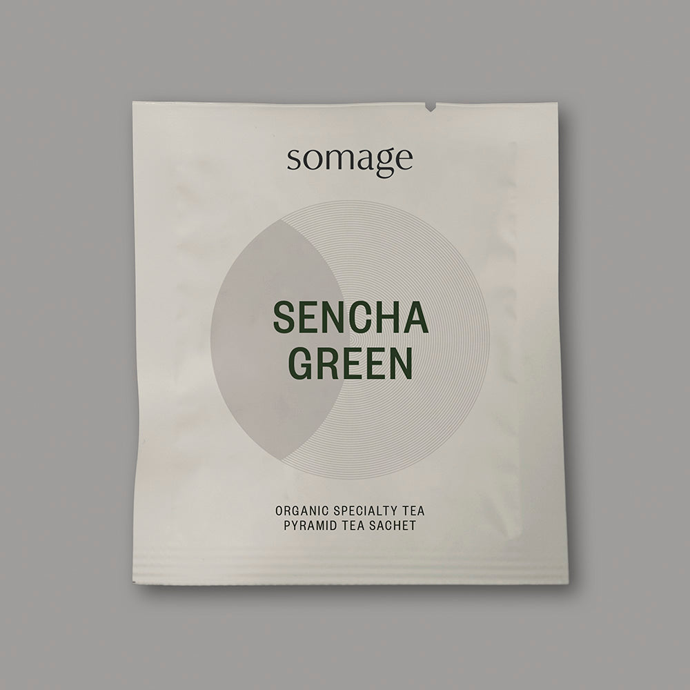 Sencha Green Pyramid Sachet (individually wrapped) by Somage USA, showing 50 sachets of organic green tea from Zhejiang, China.