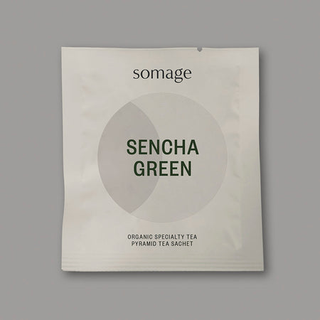 Sencha Green Pyramid Sachet (individually wrapped) by Somage USA, showing 50 sachets of organic green tea from Zhejiang, China.