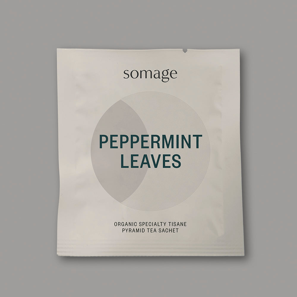 Peppermint Pyramid Sachets (individually wrapped) by Somage USA, featuring 50 hand-cultivated peppermint tea sachets.